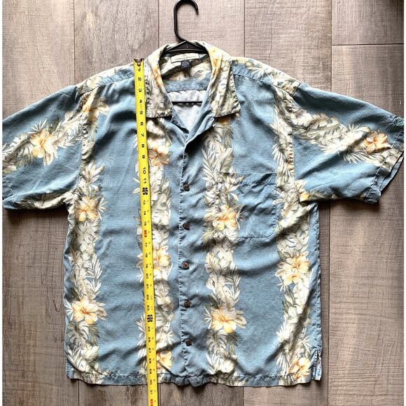 Tommy Bahama Hawaiian Silk Shirt Men's L Blue Floral Palm Pocket Button Up - Picture 1 of 3